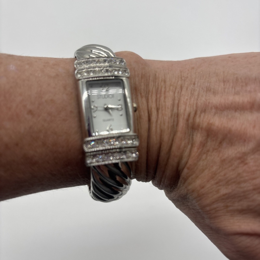 Unique Studio Time Silver Tone w/ Rhinestones Women's Quartz Cuff Wrist Watch - Picture 8 of 8